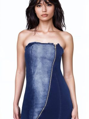 Zip-Up Denim Tube Mini Dress