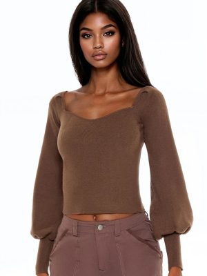 Gigot-Sleeve Sweater-Knit Crop Top