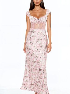 Lace-Trim Satin Floral Maxi Dress