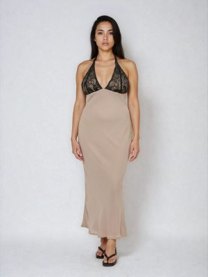 Lace Halter Crepe Maxi Dress