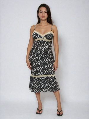 Polka Dot Lace-Trim Cami Midi Dress