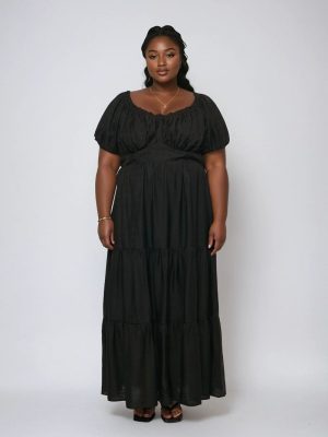 Plus Size Tiered Puff-Sleeve Maxi Dress