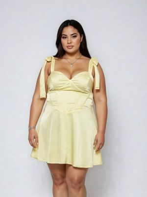 Plus Size Satin Bow-Strap Mini Dress