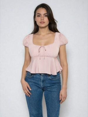 Satin Puff-Sleeve Peplum Crop Top