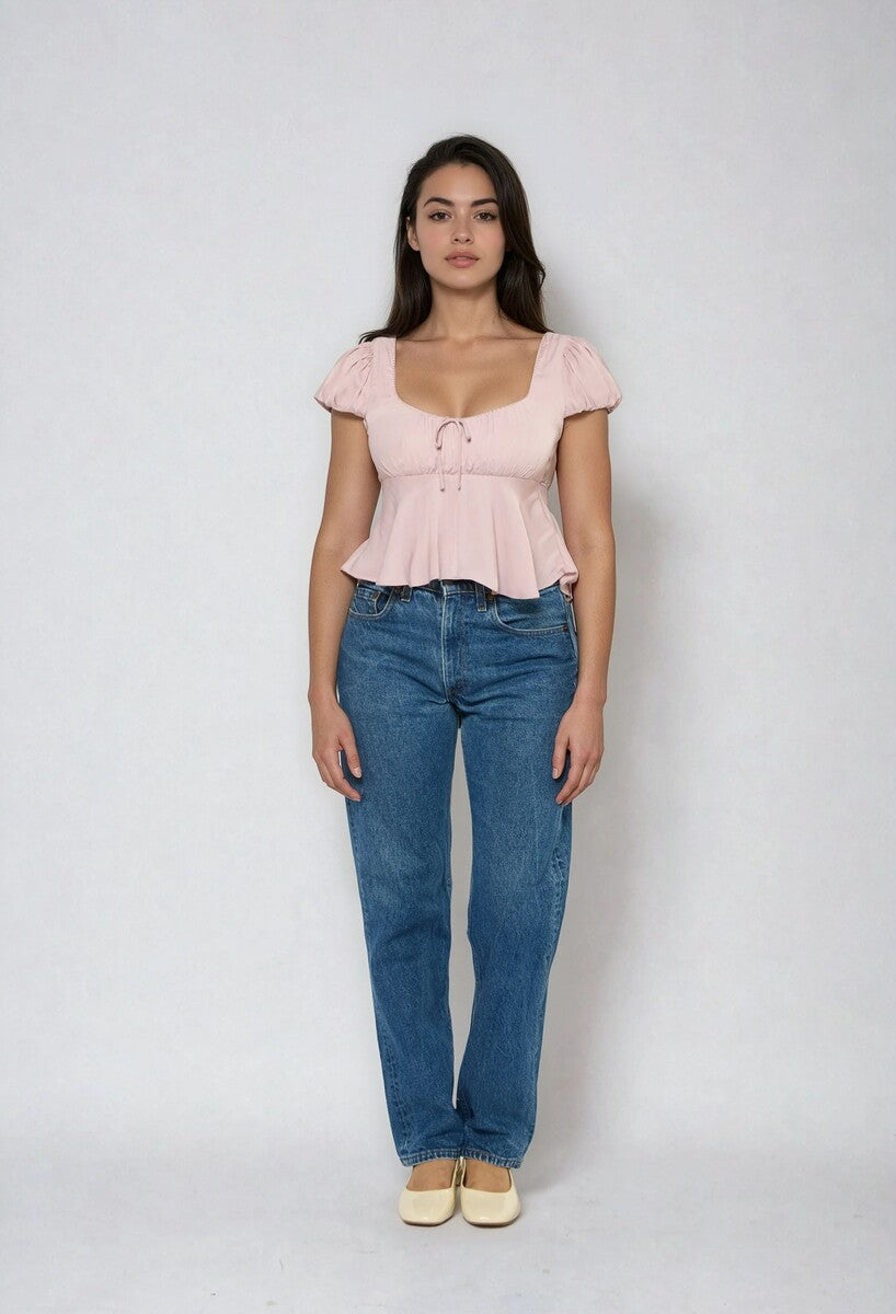 Satin Puff-Sleeve Peplum Crop Top - Image 2