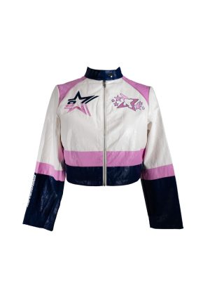 Plus Size Cropped Faux Leather Colorblock Zip-Up Jacket