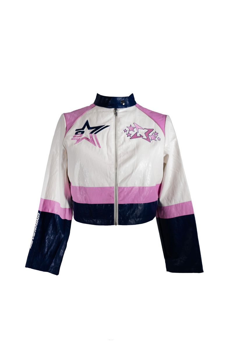 Plus Size Cropped Faux Leather Colorblock Zip-Up Jacket