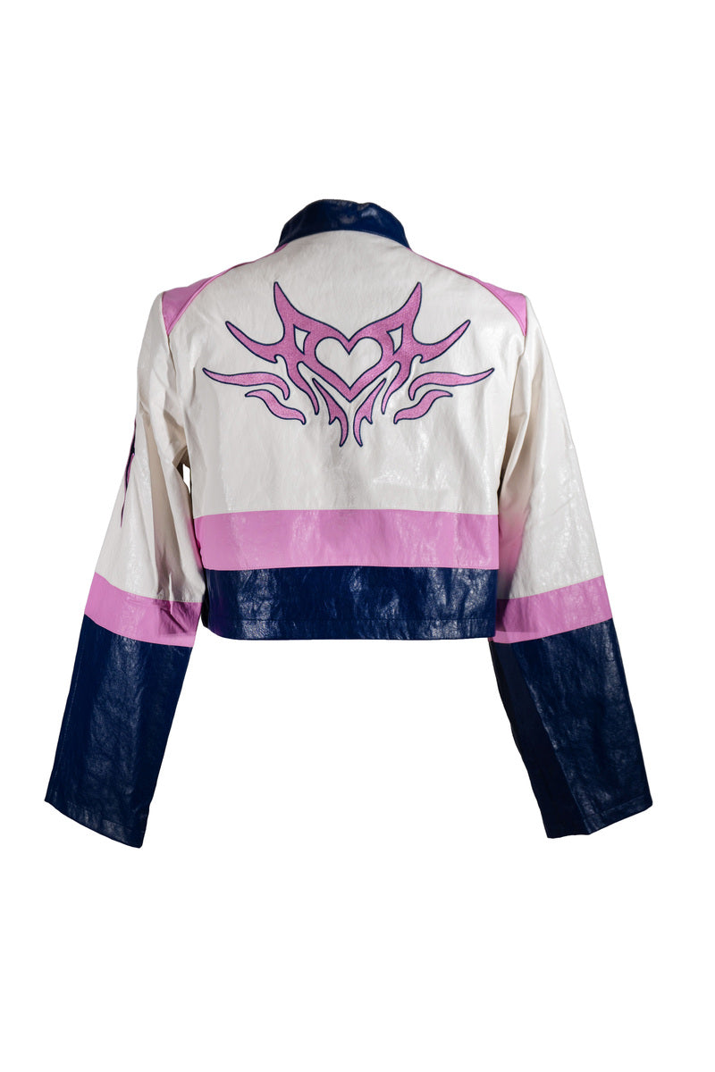 Plus Size Cropped Faux Leather Colorblock Zip-Up Jacket - Image 2