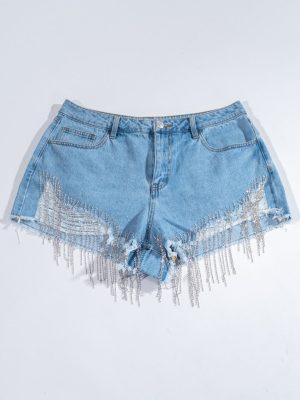 Plus Size Distressed Rhinestone-Fringe Denim Shorts