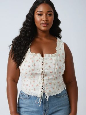 Plus Size Floral Tie-Front Lace Trim Top