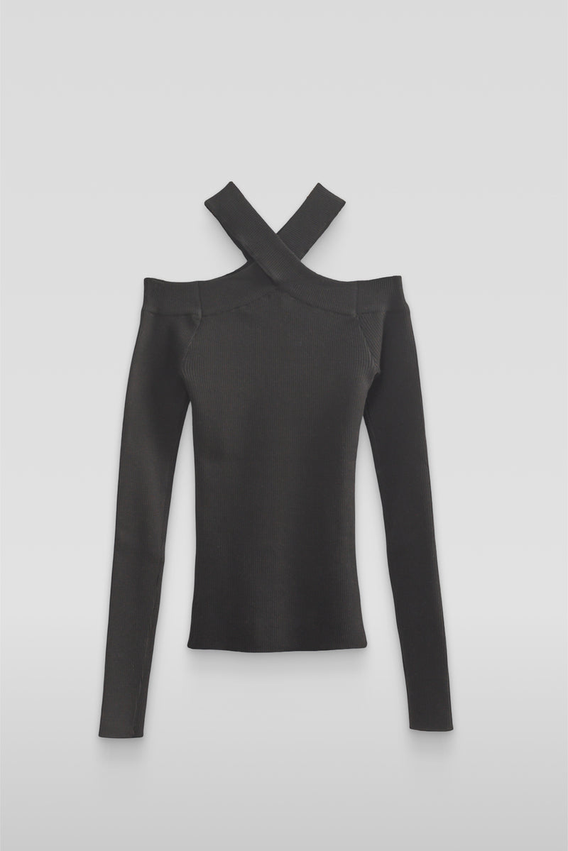 Ribbed Off-The-Shoulder Halter Sweater-Knit Top - Image 9