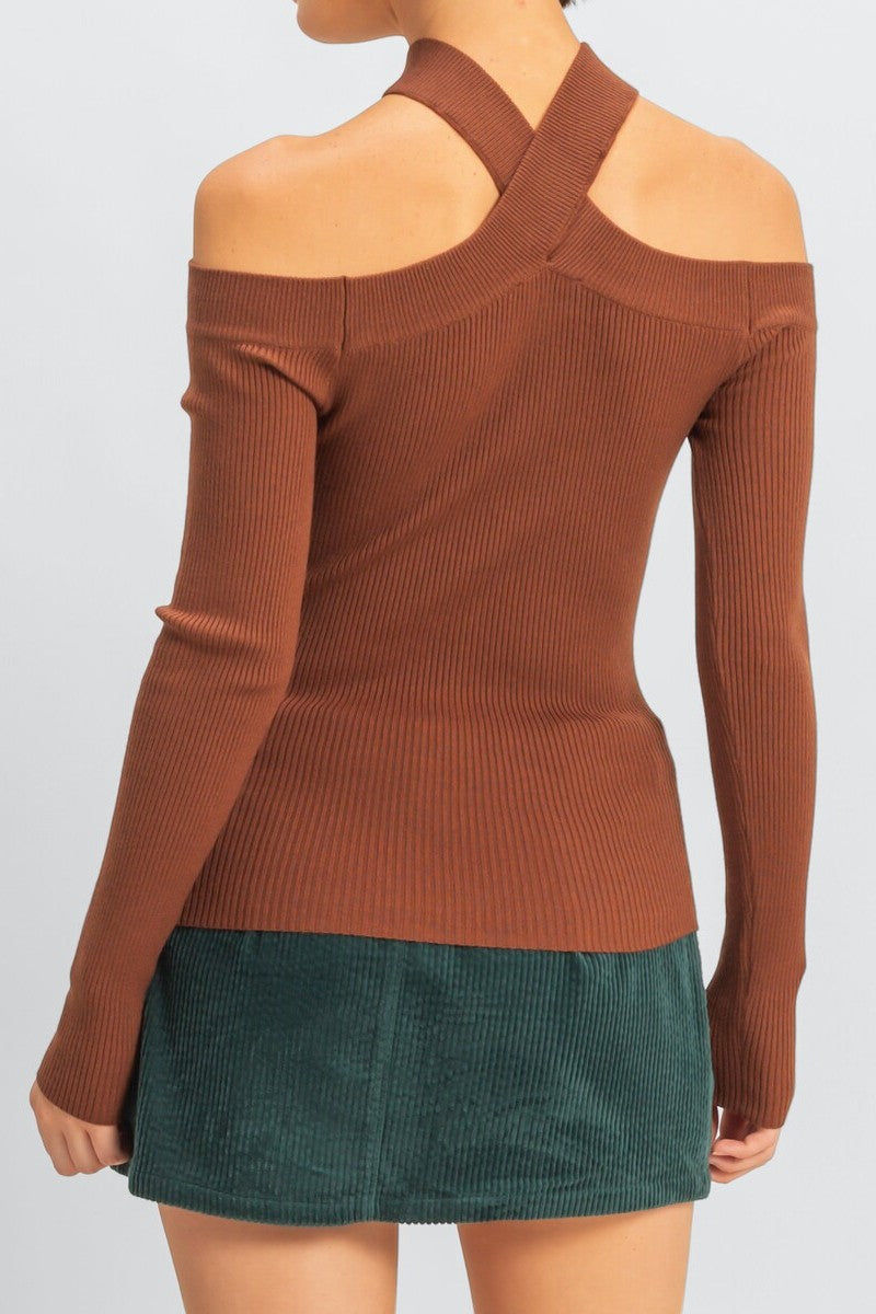 Ribbed Off-The-Shoulder Halter Sweater-Knit Top - Image 4