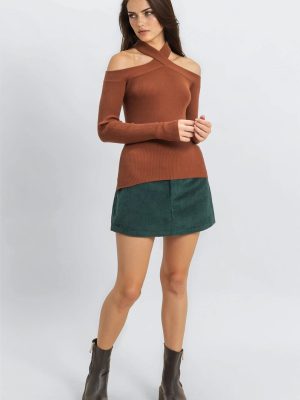 Ribbed Off-The-Shoulder Halter Sweater-Knit Top