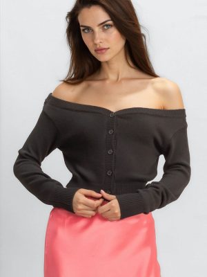 Off-The-Shoulder Cropped Button-Front Sweater