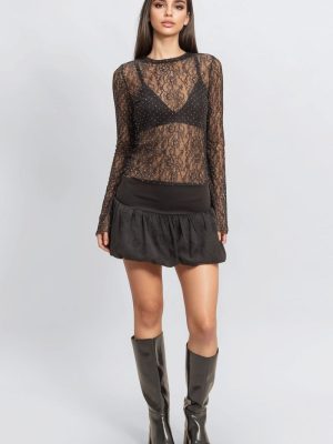 Studded Sheer Lace Long-Sleeve Top