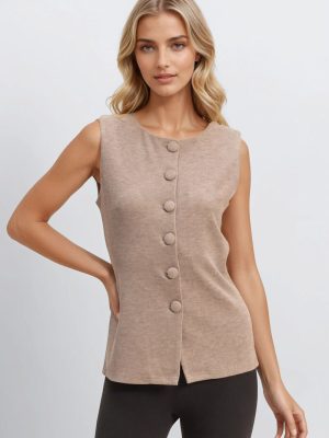 Rib-Knit Button-Front Sleeveless Top