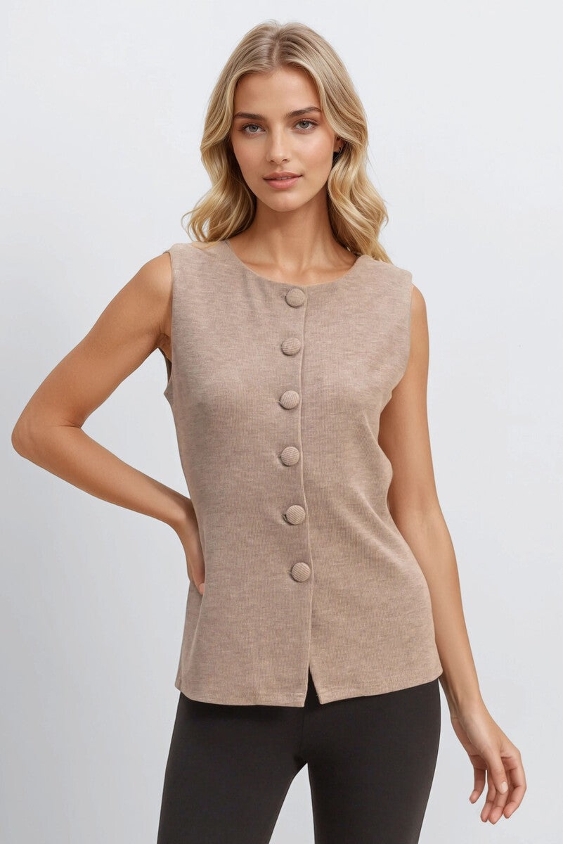 Rib-Knit Button-Front Sleeveless Top