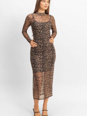 Mesh Leopard Print Midi Dress