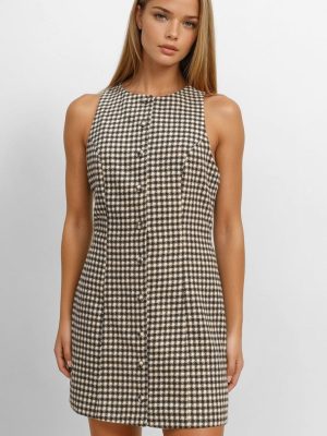 Sleeveless Houndstooth Button-Front Mini Dress