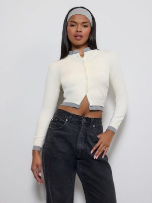 Contrast-Trim Cropped Cardigan Sweater