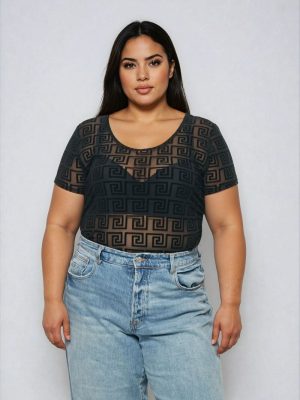 Plus Size Geometric Pattern Mesh Bodysuit
