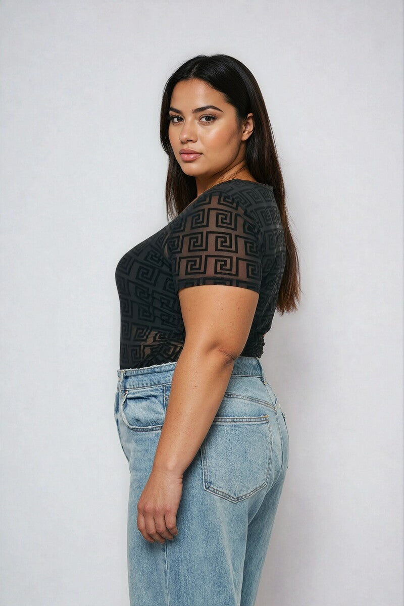 Plus Size Geometric Pattern Mesh Bodysuit - Image 3