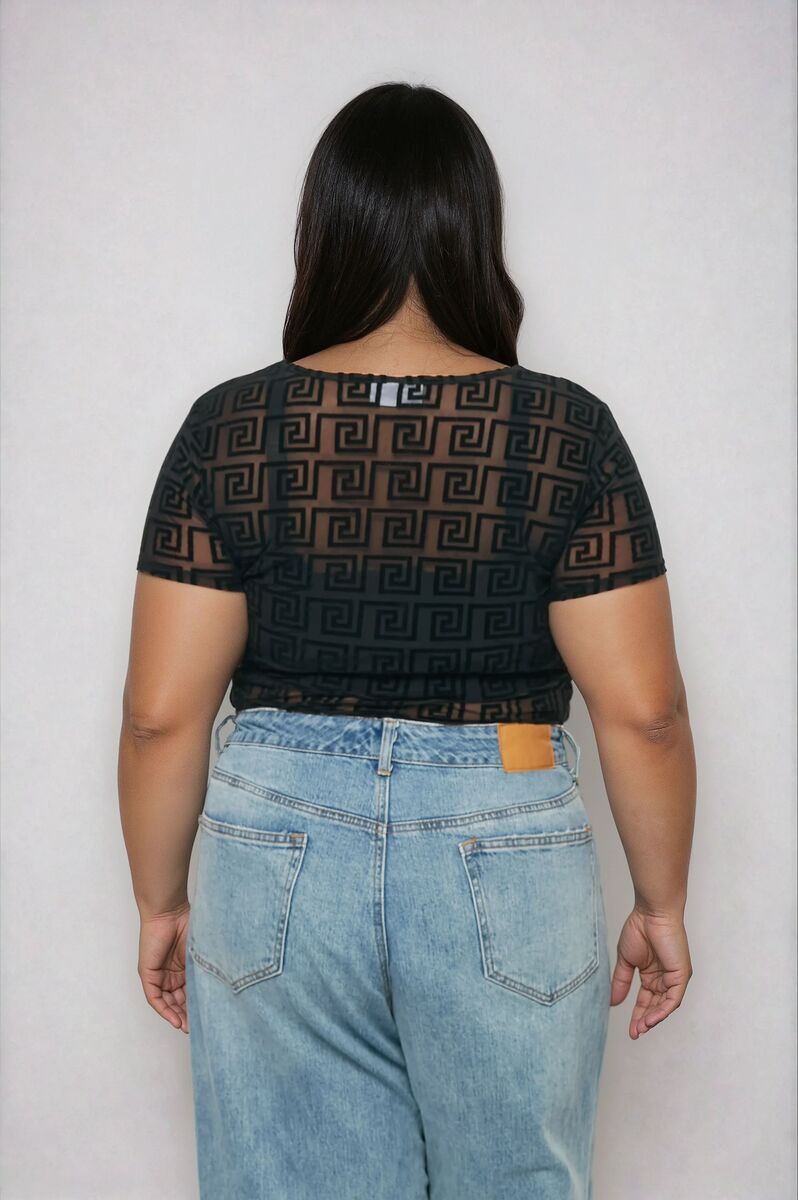 Plus Size Geometric Pattern Mesh Bodysuit - Image 4