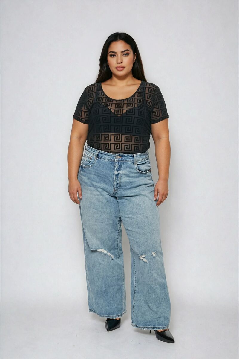 Plus Size Geometric Pattern Mesh Bodysuit - Image 2