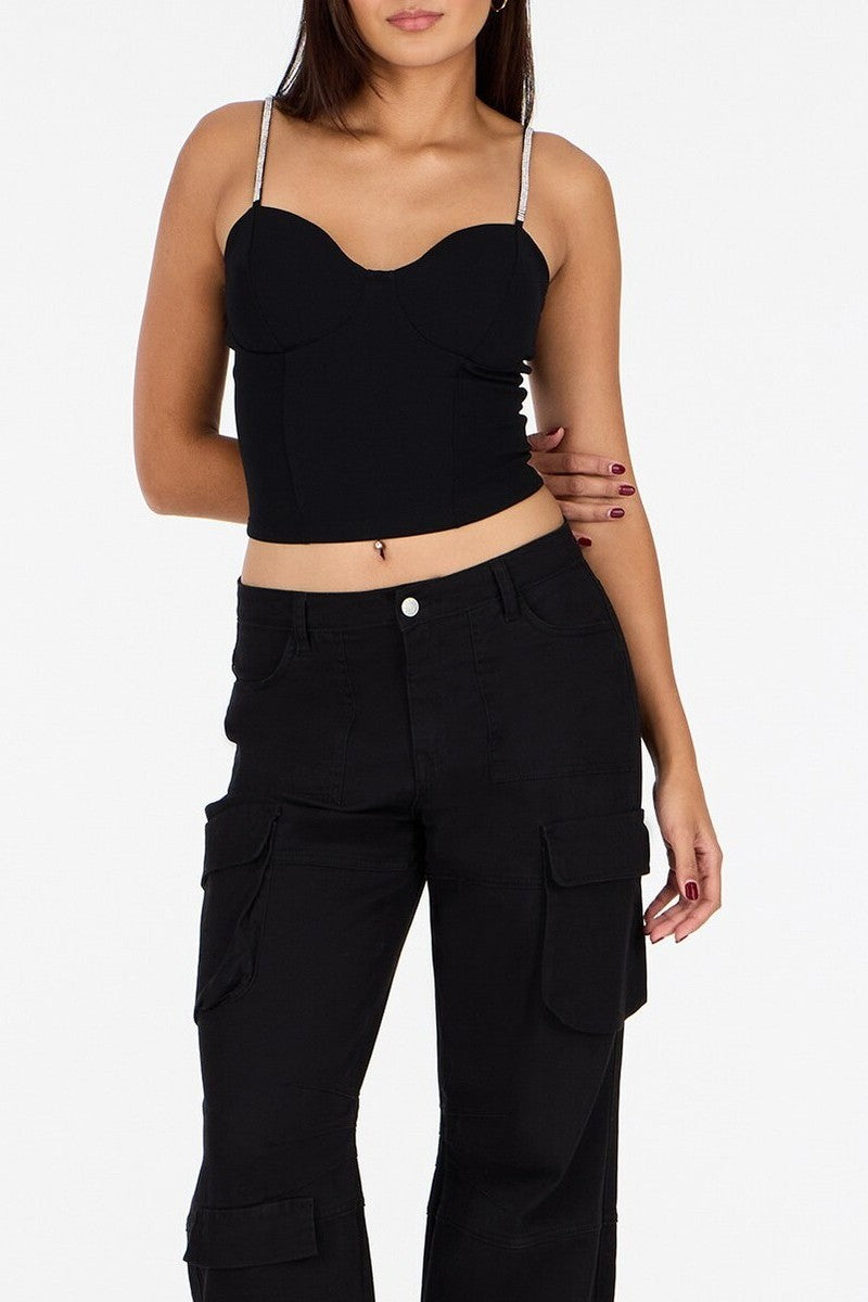 Crepe Rhinestone-Strap Bustier Top - Image 3