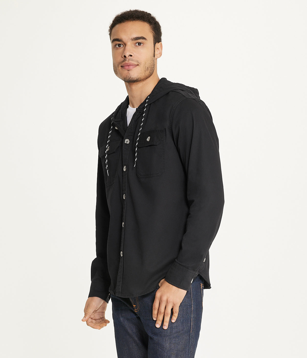 Men's Long Sleeve Hooded Shirt Jacket: Stretch Twill - Image 3