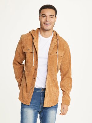 Men's Long Sleeve Corduroy Hooded Shirt Jacket