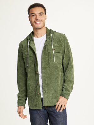 Men's Long Sleeve Corduroy Hooded Shirt Jacket