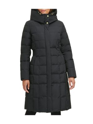 Box Quilt Down Zip Front Coat Black