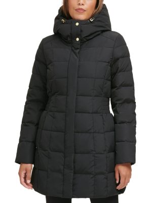 Box Quilt Down Zip Front Coat Dark Black