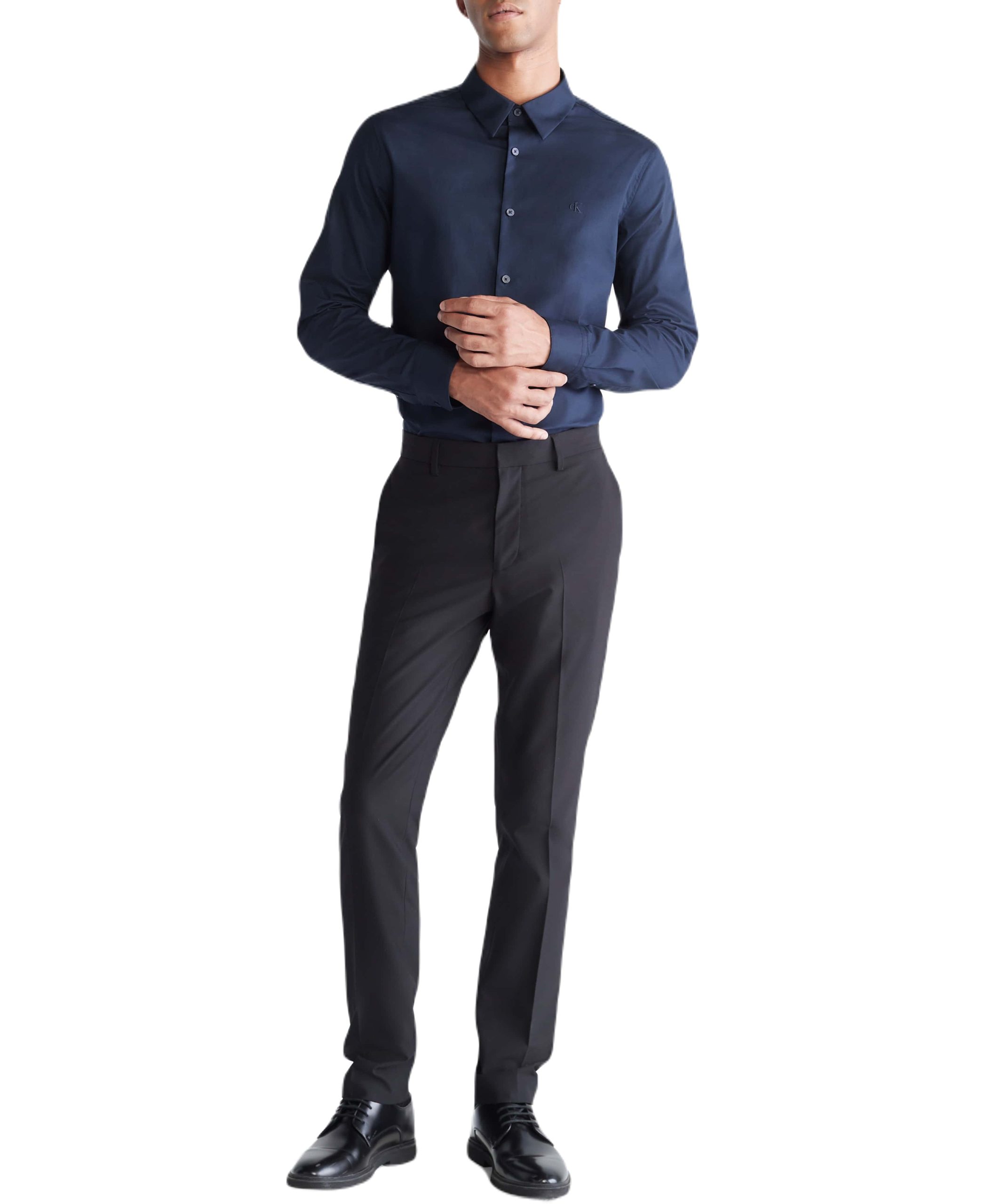 Long Sleeve Solid Stretch Slim Woven Shirt Navy - Image 3