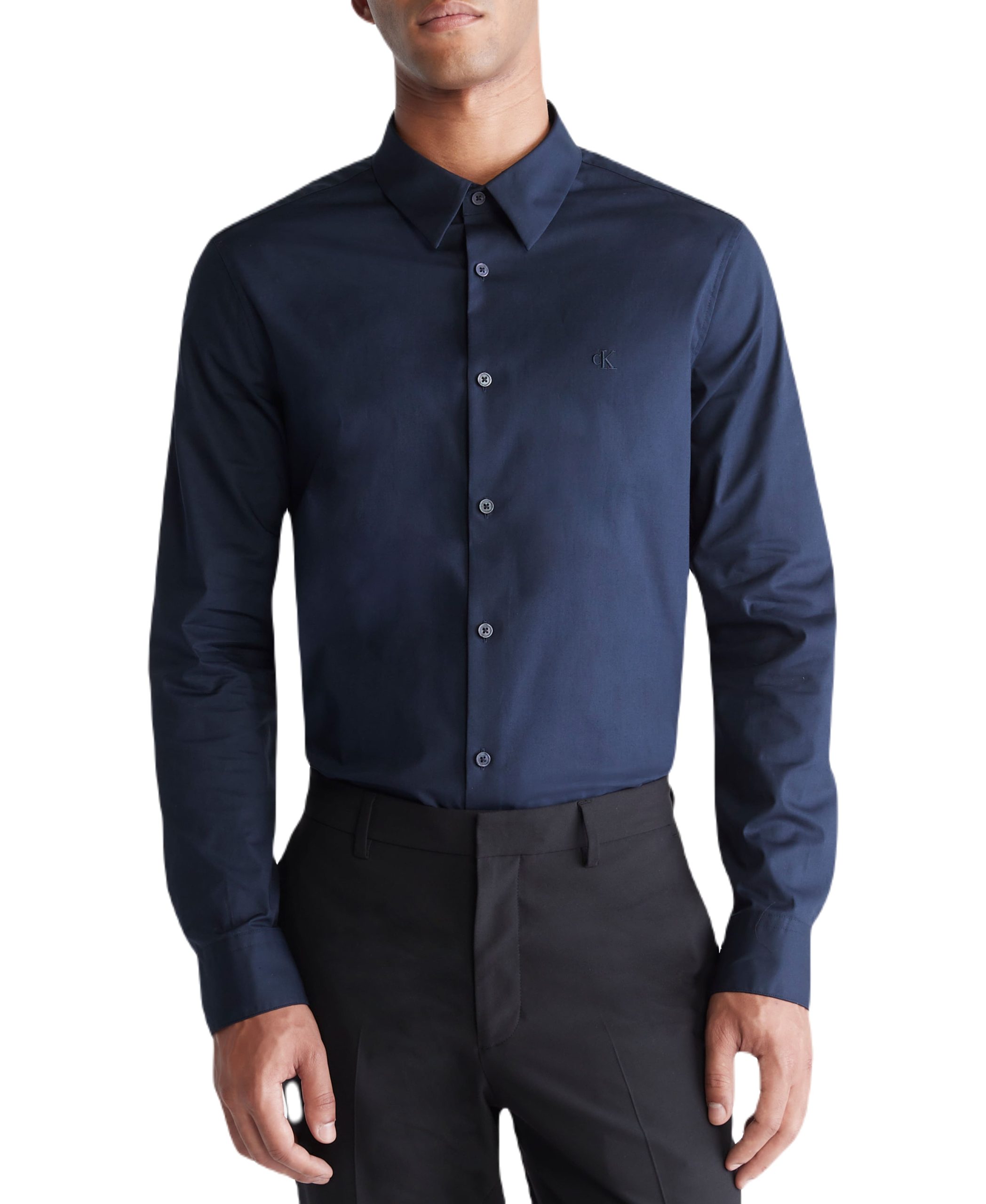 Long Sleeve Solid Stretch Slim Woven Shirt Navy - Image 5