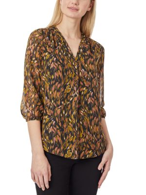 3/4 Sleeve V-Neck Pleat Front Tunic