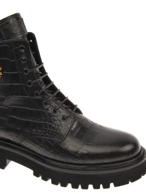 Crocodile Embossed Gold Crest Lace Up Boot