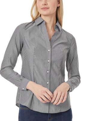 Y-Neck Black And White Button Down Blouse