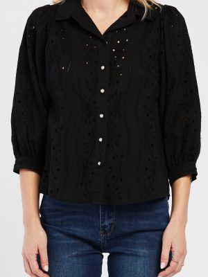 Teehan 3/4 Puff Sleeve Button Down Eyelet Shirt