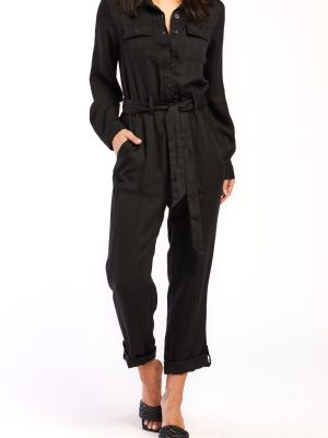 Frenzia Long Sleeve Utility Style Jumpsuit Button Down Tab Cuff Hem Self Belt