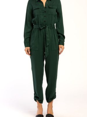 Frenzia Long Sleeve Utility Style Jumpsuit Button Down Tab Cuff Hem Self Belt