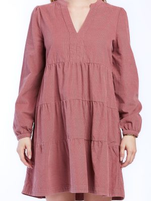 Sherin Long Sleeve With Slight Shoulder Shirring V Neck Banded Collar Three Tier Baby Doll Dress Side Seam Pockets