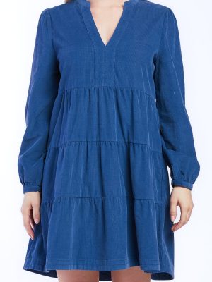 Sherin Long Sleeve With Slight Shoulder Shirring V Neck Banded Collar Three Tier Baby Doll Dress Side Seam Pockets