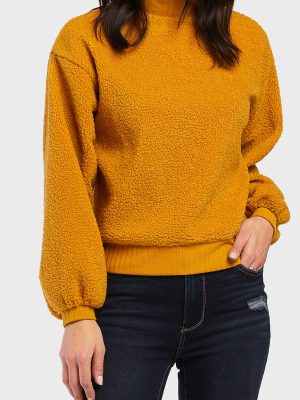 Domino Long Sleeve Pullover Top Ribbed Cuff Hem And Mock Neck