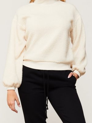 Domino Long Sleeve Pullover Top Ribbed Cuff Hem And Mock Neck