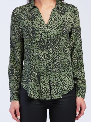 Eleni Long Sleeve Loop Button Down Closure Chest Patch Pockets Rounded Hem