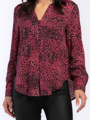 Eleni Long Sleeve Loop Button Down Closure Chest Patch Pockets Rounded Hem