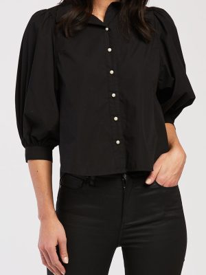 Teegan 3/4 Puff Sleeve Pearl Button Down Top Shirred Shoulder Top