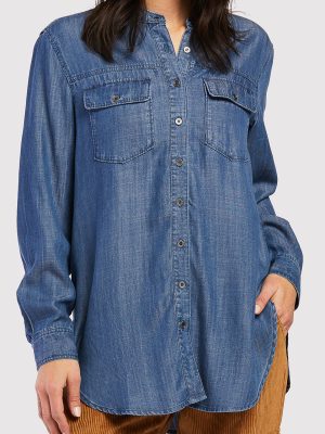 Nanette Long Sleeve Button Down Madarin Collar Double Button Flap Chest Pockets